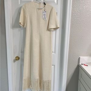 Zara Tweed Texture Weave MIDI Dress with Hem Fringe New size M